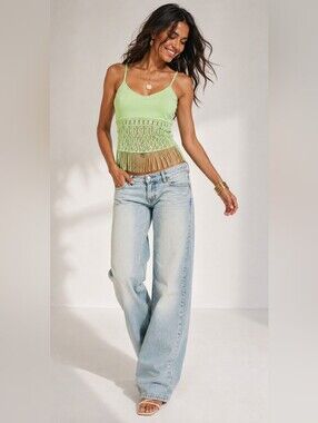 Y-London Y2K Lime Crochet Fringe Cami Tank Boho Festival M